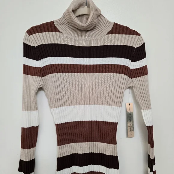 Neutral Tone Striped Ribbed Turtleneck Bodycon Dress Size M - Picture 4 of 11